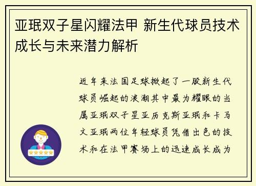 亚珉双子星闪耀法甲 新生代球员技术成长与未来潜力解析