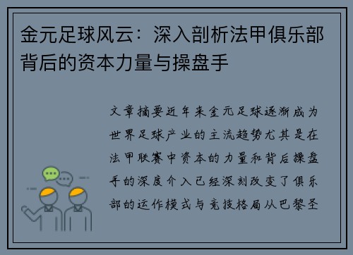 金元足球风云：深入剖析法甲俱乐部背后的资本力量与操盘手
