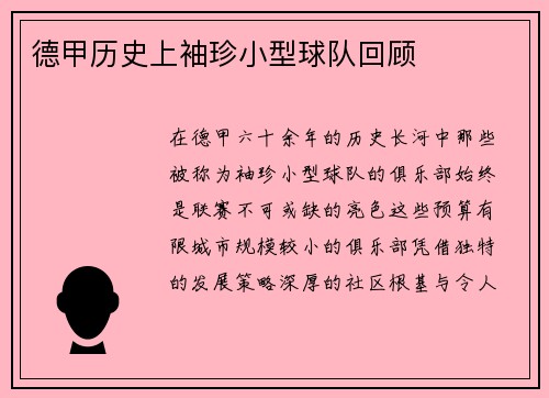 德甲历史上袖珍小型球队回顾