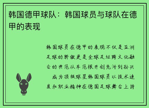 韩国德甲球队：韩国球员与球队在德甲的表现